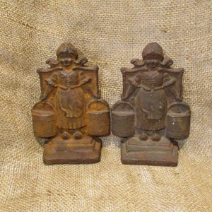 Bookends, Dutch Girls with Pails, Antique Cast Metal Bookends