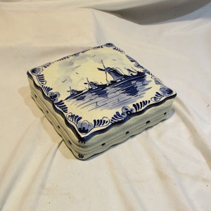 Vintage Delft Hand-Painted Porcelain Covered Box: Windmill Scene