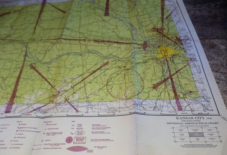 Vintage Pilot/'s Map Aeronautical Map 1944 Vintage Flight Chart Map Vectors St Louis to Kansas City