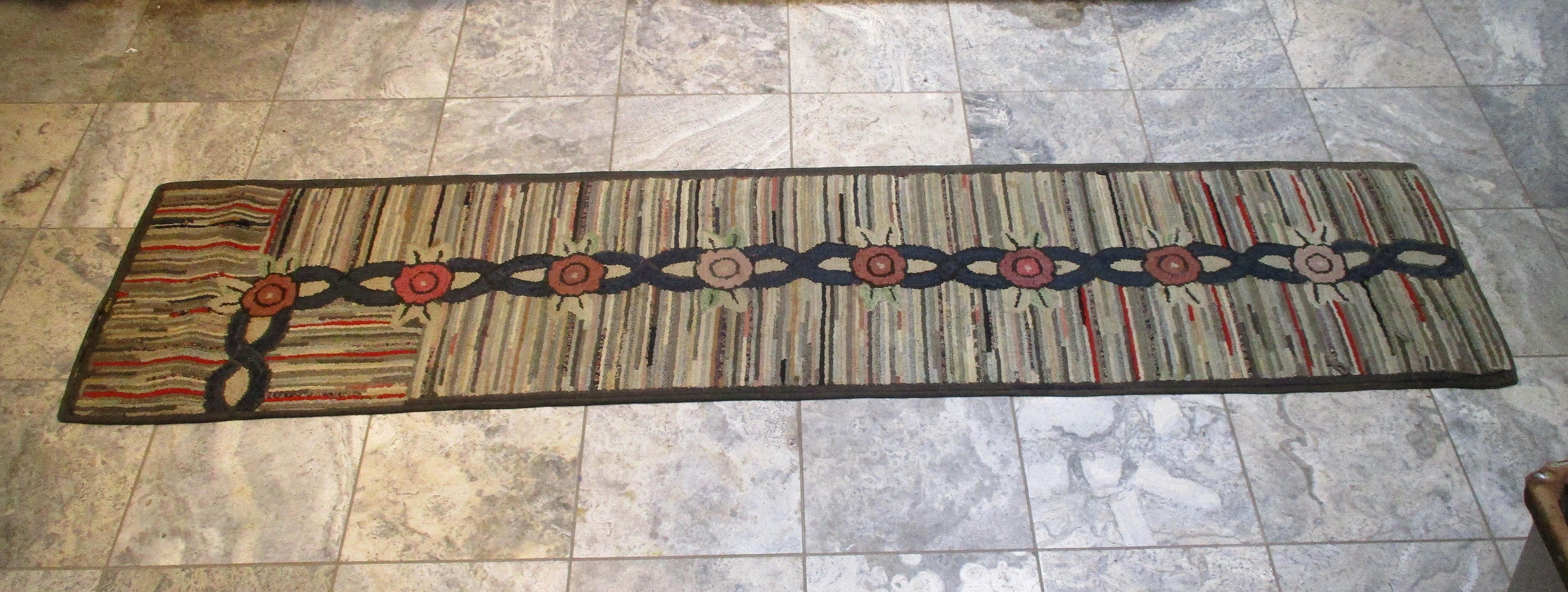 Hooked Rug Runner, Vintage Modern Art Influenced Long Rectangular Hand Made  Antique Carpet 