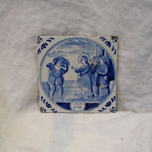 Delft Tile, Old Eighteenth Century Tile, Antique Blue and White Biblical Religious Tile, Hand Painted Old Tile
