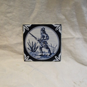Delft Tile, Vintage Blue & White, Hand Painted Musket and Soldier, Architectural Salvage Tile