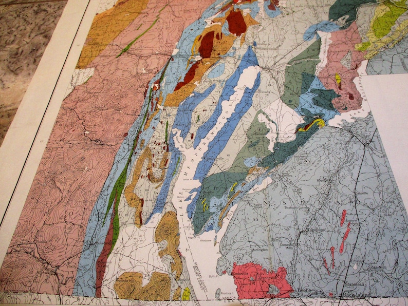 Vintage Map Sherbrooke Large Colorful Map Canada US Border Region Quebec 1950 Geological and Mining Map
