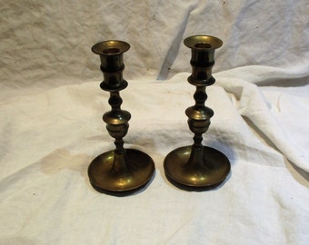 Brass Candlesticks, Pair of Old Colonial Candlesticks, Vintage Antique Candle Holders