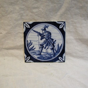 Delft Tile, Vintage Blue & White, Hand Painted Musket and Soldier, Architectural Salvage Tile