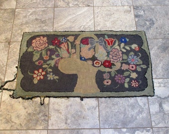 Hooked Rug, Basket of Flowers Motif, Rectangular, Vibrant Colors, Vintage Mid Century Hand Made Carpet