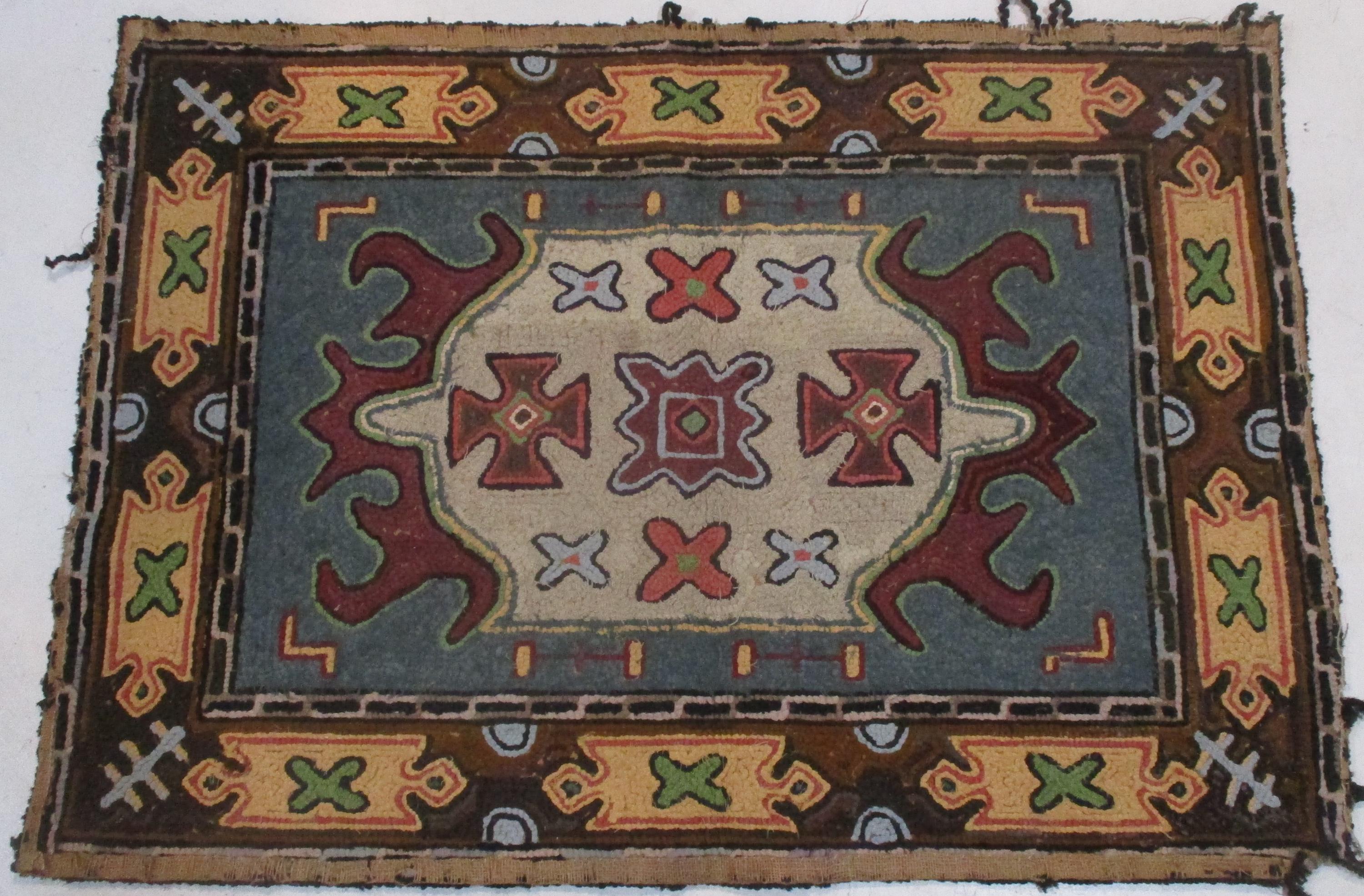Hooked Rug, Hand Made Folk Art 1920s or 1930s Rug, Rectangular Antique ...