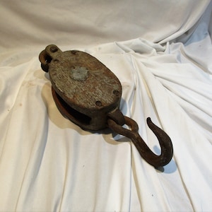 Vintage Wood Pulley: Rusty Industrial Farm Salvage, 1930s-40s
