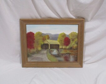 Framed Autumn Landscape Oil Painting: Covered Bridge, Signed Vintage Art