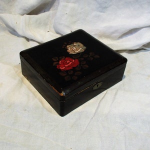 Folk Art Box, Hand Painted Roses, Ebonized Wood Box Storage Salvage, Re-Purpose as Jewelry Box or Trinket Box