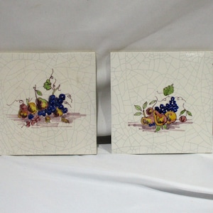 Vintage Delft Tiles: Hand-Painted Fruit Still Life, Pair Made in Holland