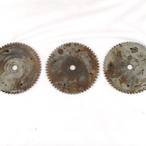 Set of 3 Gears, Thin Metal Gears, Cogs, or Sprockets, Industrial Salvage