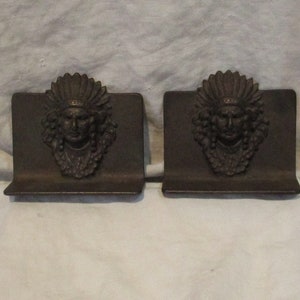 Bookends, American Indian, Antique Cast Metal Bookends, Old Library Desk or Study Accessories
