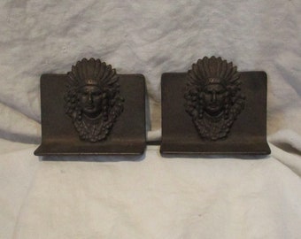 Bookends, American Indian, Antique Cast Metal Bookends, Old Library Desk or Study Accessories