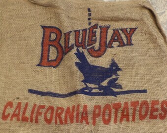 Burlap Sack, California Potatoes, Blue Jay, Vintage Farm and Barn Stock