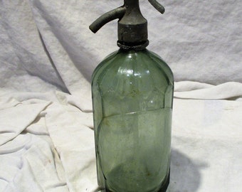 Seltzer Bottle, Very Old English Light Green, Vintage Bar or Pharmacy Salvage