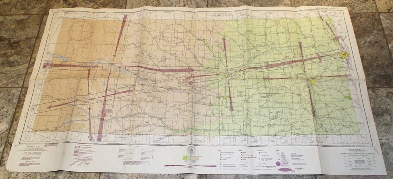 1945 Nebraska Airspace Vintage Flight Chart Map Aeronautical Map Vintage Pilot/'s Map Lincoln and Platte River Omaha