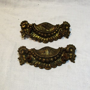 May include: Two ornate gold-toned metal drawer pulls with a scalloped edge and a raised center section. The pulls have a decorative design with a floral motif.