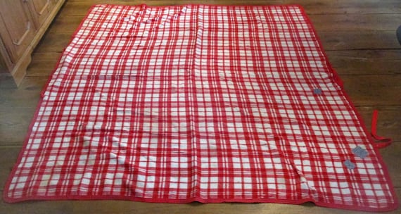 Vintage American Red Plaid Cotton Horse Blanket: Barn Salvage