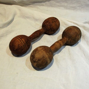 Dumbbells, Mismatched Pair of Antique Wood Exercise Weights, Old "Pair" of Barbells