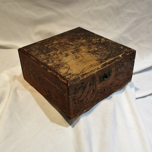 Pyrography Wood Box, 1909 Antique Folk Art Lined Storage