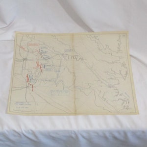 May include: A black and white map with red and blue lines depicting the movements of troops during the American Civil War. The map is titled "Advancement to the James River, 1864".