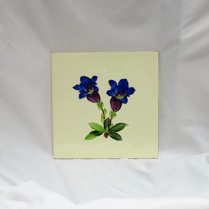 May include: A ceramic tile with a hand-painted design of two blue and purple flowers with green leaves on a cream background.