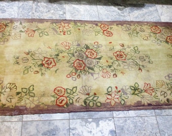 Very Large Hooked Rug, Vintage Floral Old Hand Made Rectangular Carpet, Vines and Flowers