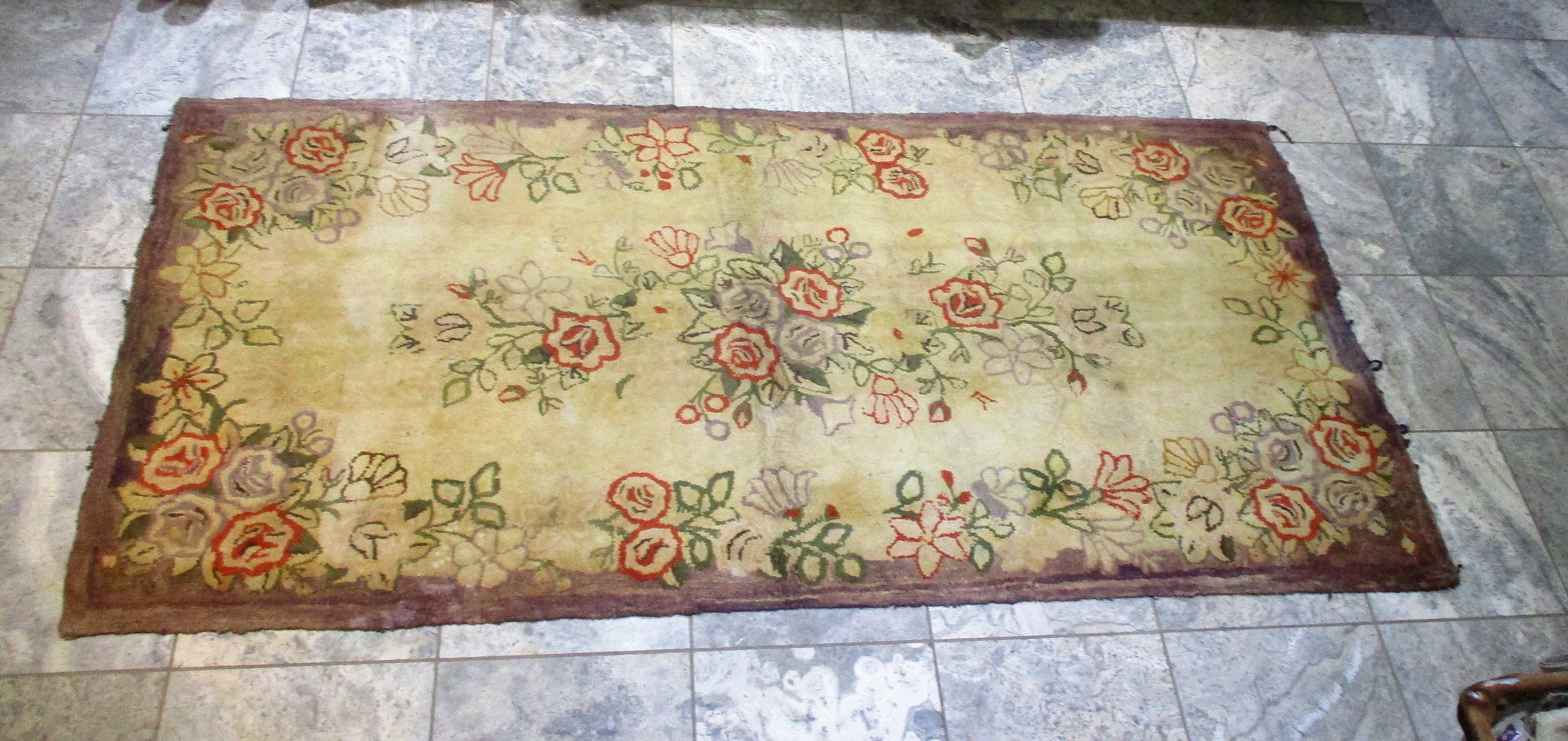 Alfombra de ganchillo de gran tamaño, alfombra antigua rectangular hecha a mano con motivos florales vintage, enredaderas y flores