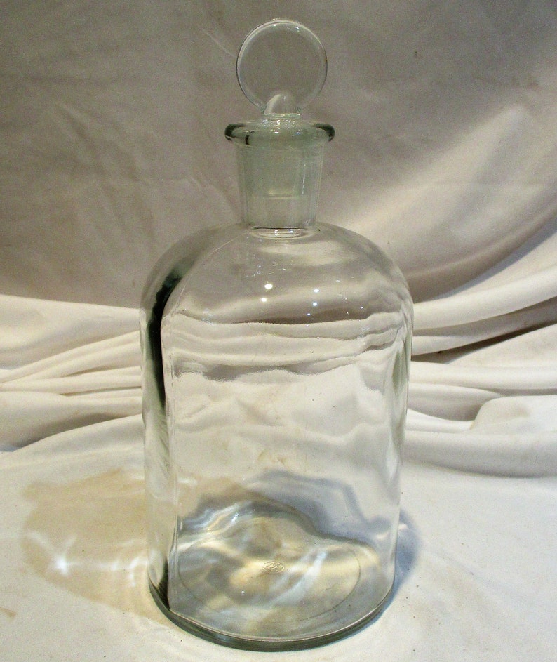 Apothecary Glass Bottle with Frosted Stopper, Large Wavy Glass Jars, Vintage Laboratory Salvage image 2