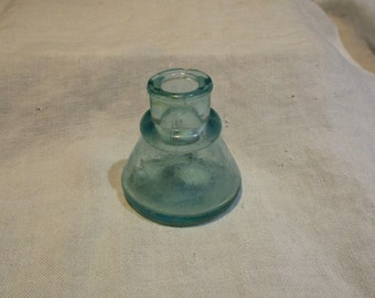 Ink Bottle, Old Aqua or Teal Glass, Antique Bubble Glass, Vintage Calligraphy Writing Materials Salvage