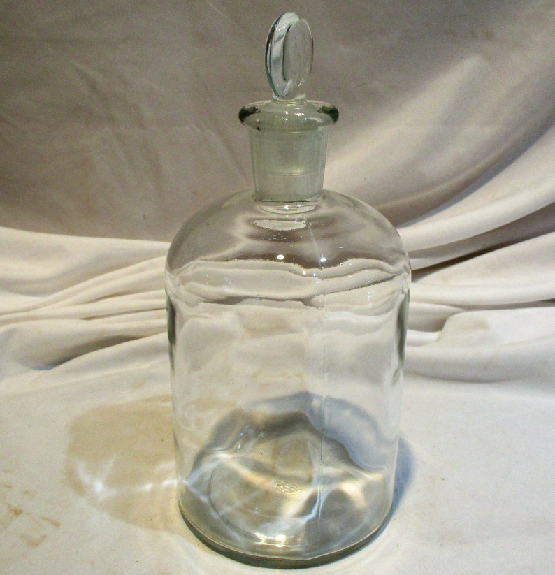 Apothecary Glass Bottle with Frosted Stopper, Large Wavy Glass Jars, Vintage Laboratory Salvage image 5