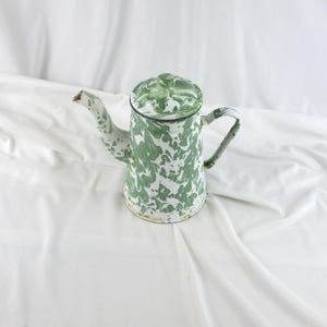 Mid Century Green Swirl Enamelware Coffee Pot, Retro Graniteware Pitcher