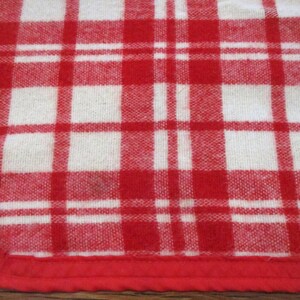 May include: Red and white checkered fabric with a red border. The fabric has a woven texture.