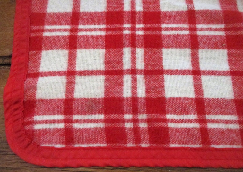 May include: Red and white checkered fabric with a red border. The fabric has a woven texture.