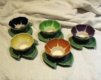 Fruit Bowls, Berry Bowls, Dessert Bowls, Occupied Japan Naturalistic Majolica-Inspired Set of 5 Porcelain Bowls, Vintage Ceramic Bowls