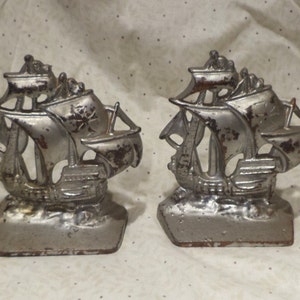Bookends, Spanish Main Galleon Sailing Ships, Vintage Desk Accessory or Decor, Pair