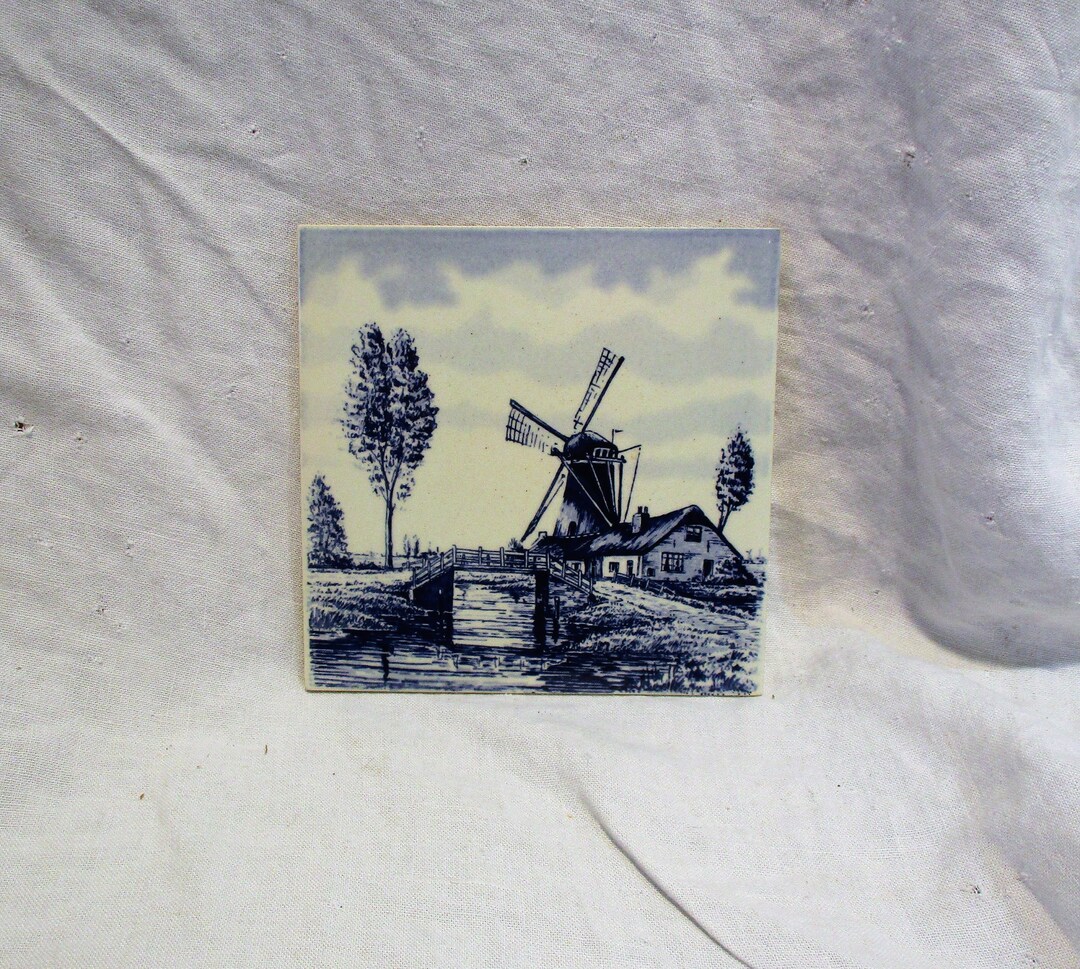 Delft Tile, Vintage Blue & White, Windmill and Canal Bridge, Old ...