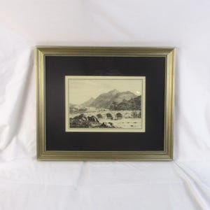 19th Century Framed Antique Steel Engraving, Arched Bridge, Riverside and Mountains Landscape Lithograph