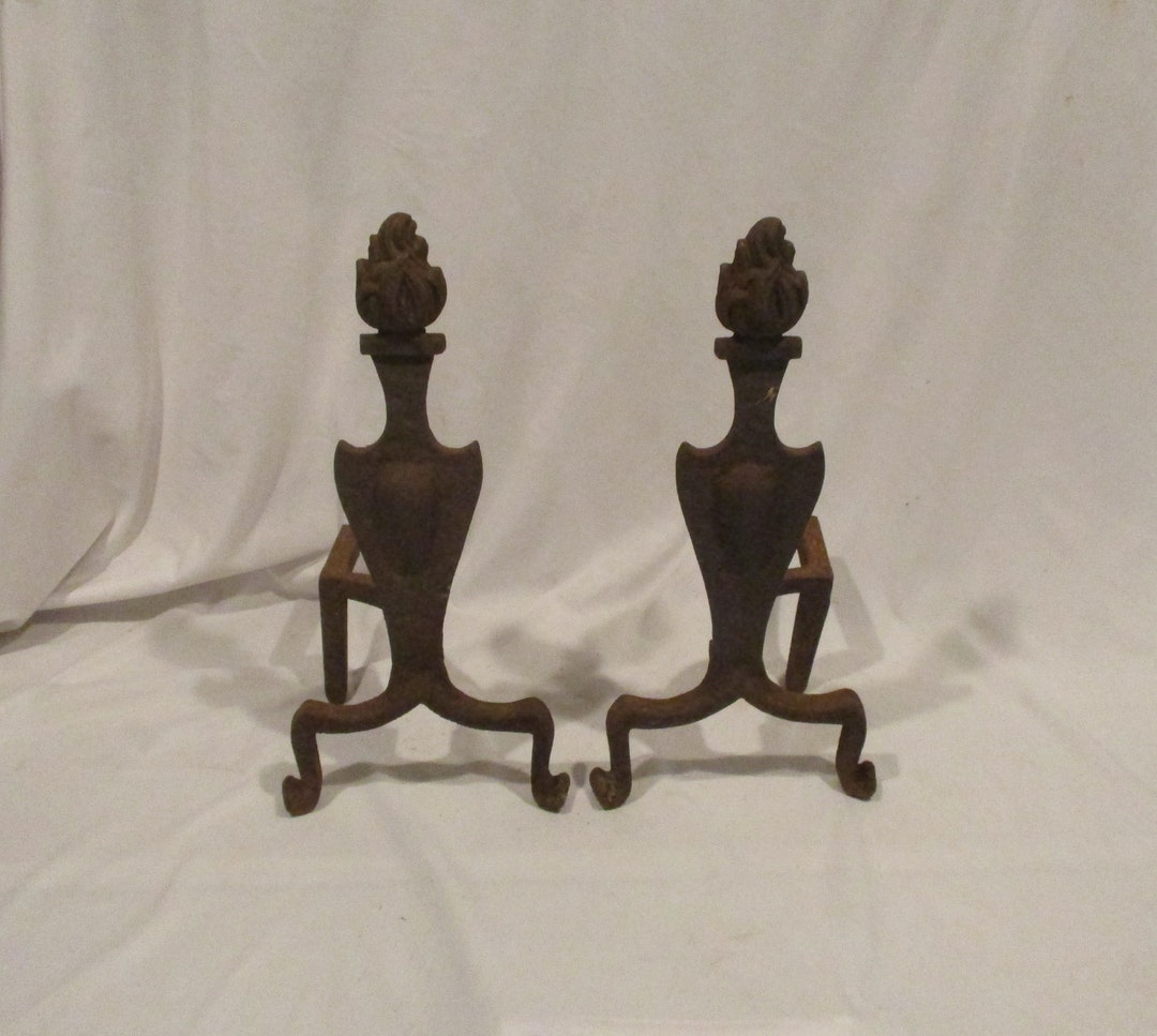 Flame Andirons, Pair of Antique Fireplace Log Holders, Fireplace Accessories, Architectural