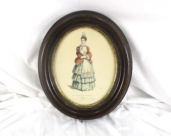 Oval Framed French Lithograph: 19th Century Fashion Portrait