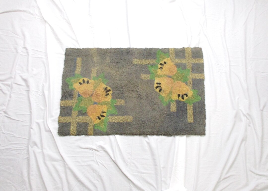 Rectangular Hooked Rugs Hooked Rug, Small Rectangular Vintage Hand Made Florals and Fence ...