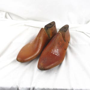 May include: A pair of brown wooden shoe lasts with the size "7 E 550" marked on one of them.