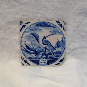 Delft Tile, Old Eighteenth Century Tile, Antique Blue and White Biblical Religious Tile, Hand Painted Old Tile