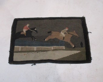 Folk Art Hooked Rug, Horse Jumping, Horse Racing, Point to Point, Antique Hand Made Carpet, Equine, Equestrian, and Country Decor Salvage