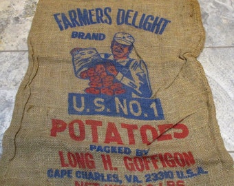 Burlap Sack, Farmers Delight Virginia Potatoes, Vintage Farm and Barn Stock