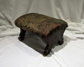 Foot Stool, Upholstered Foot Stool, 19th Century Wood Farmhouse Old Footstool, Folk Art, Victorian East Lake Carved Details