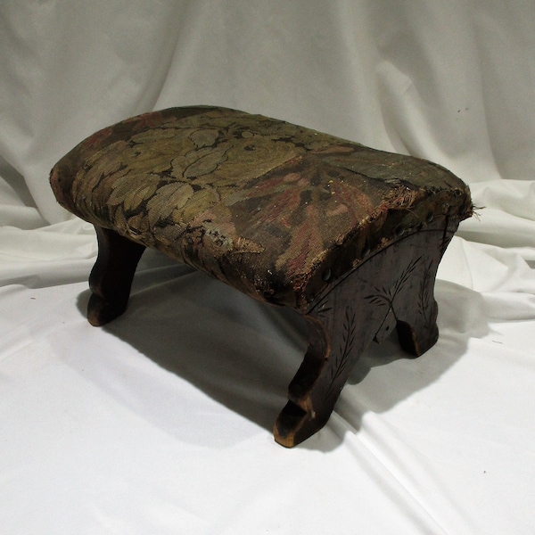 Foot Stool, Upholstered Foot Stool, 19th Century Wood Farmhouse Old Footstool, Folk Art, Victorian East Lake Carved Details