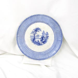 May include: A round, blue and white decorative plate. The plate features a central landscape scene with trees, buildings, and figures. The rim has a woven basket pattern. The plate is set against a white background.