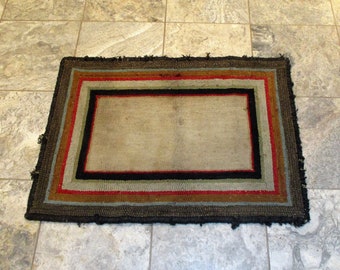 Hooked Rug, Concentric Rectangles, Vintage Hand Made Carpet, Antique Carpet